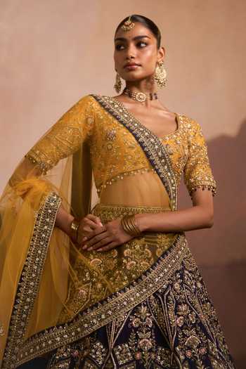 Shop_Angad Singh_Blue Raw Silk V-neck Pichhli Raat Lehenga Set 
