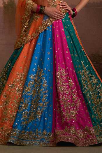 Angad Singh_Multi Color Raw Silk V-neck Boliyan Embroidered Lehenga Set _Online_at_Aza_Fashions