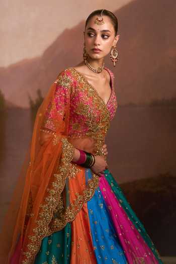 Buy_Angad Singh_Multi Color Raw Silk V-neck Boliyan Embroidered Lehenga Set _Online_at_Aza_Fashions