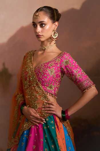 Shop_Angad Singh_Multi Color Raw Silk V-neck Boliyan Embroidered Lehenga Set _Online_at_Aza_Fashions