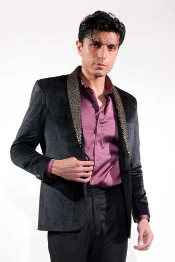 Jubinav Chadha Black Velvet Hand Embroidered Blazer at Aza Fashions Jubinav Chadha_Black Velvet Hand Embroidered Blazer _at_Aza_Fashions