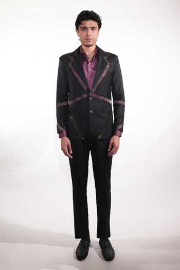 Shop_Jubinav Chadha_Black Viscose, Polyester, Wool Embroidered Blazer Set _Online_at_Aza_Fashions