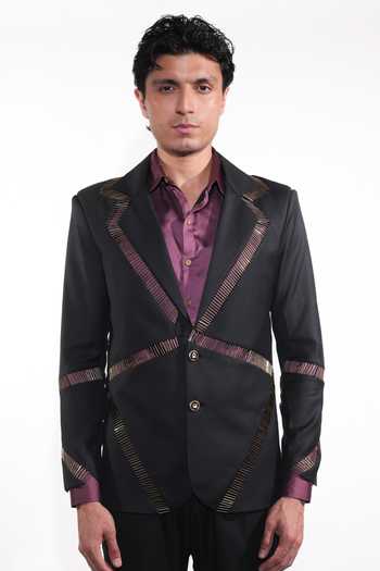 Shop_Jubinav Chadha_Black Viscose, Polyester, Wool Embroidered Blazer Set 