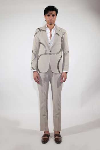Jubinav Chadha_Beige Cotton, Suede, Lycra Embroidered Blazer Set _Online_at_Aza_Fashions
