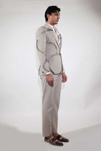 Buy_Jubinav Chadha_Beige Cotton, Suede, Lycra Embroidered Blazer Set _Online_at_Aza_Fashions