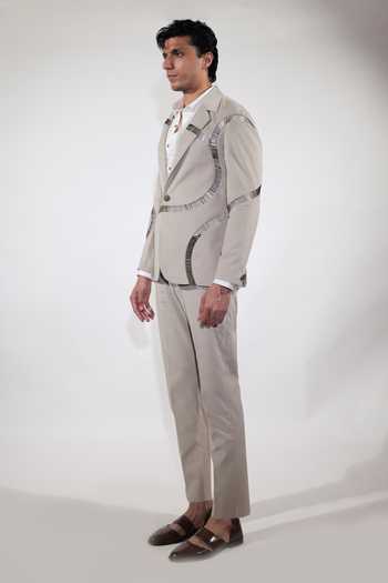 Shop_Jubinav Chadha_Beige Cotton, Suede, Lycra Embroidered Blazer Set _Online_at_Aza_Fashions