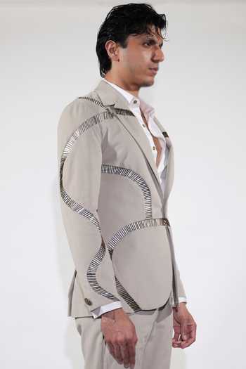 Jubinav Chadha_Beige Cotton, Suede, Lycra Embroidered Blazer Set _at_Aza_Fashions