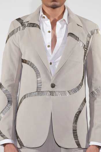 Buy_Jubinav Chadha_Beige Cotton, Suede, Lycra Embroidered Blazer Set 