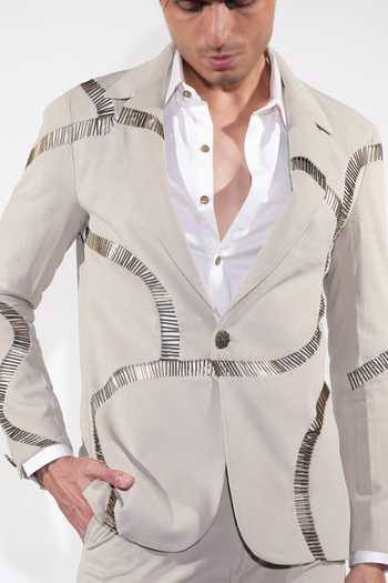 Shop_Jubinav Chadha_Beige Cotton, Suede, Lycra Embroidered Blazer Set 