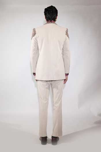 Jubinav Chadha Beige Embroidered Open Jacket Set 