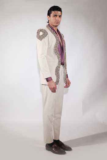 Jubinav Chadha_Beige Satin, Suede Embroidered Open Jacket Set _Online_at_Aza_Fashions