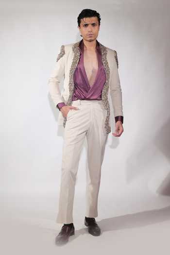 Jubinav Chadha Beige Embroidered Open Jacket Set 