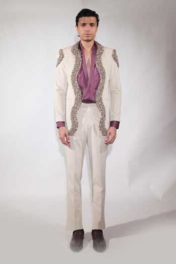 Buy_Jubinav Chadha_Beige Satin, Suede Embroidered Open Jacket Set _Online_at_Aza_Fashions