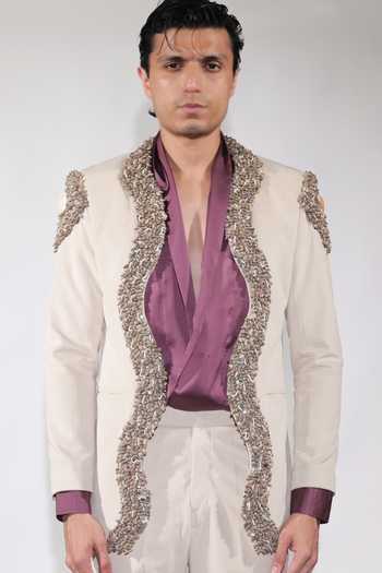 Shop_Jubinav Chadha_Beige Satin, Suede Embroidered Open Jacket Set _Online_at_Aza_Fashions