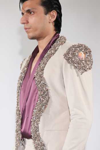 Jubinav Chadha_Beige Satin, Suede Embroidered Open Jacket Set _at_Aza_Fashions