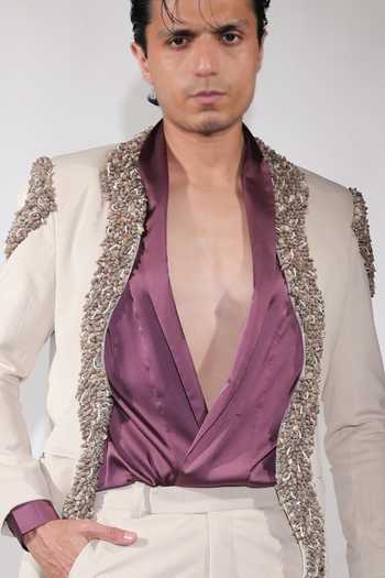 Buy_Jubinav Chadha_Beige Satin, Suede Embroidered Open Jacket Set 