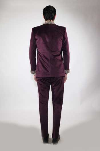 Jubinav Chadha Plum Embroidered Open Jacket Set 