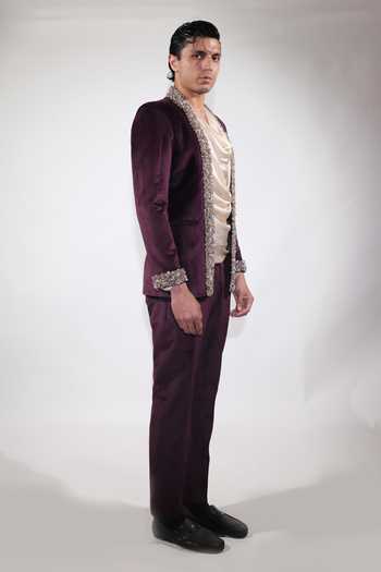 Jubinav Chadha Wine Velvet, Satin Plum Embroidered Open Jacket Set Online at Aza Fashions Jubinav Chadha_Wine Velvet, Satin Plum Embroidered Open Jacket Set _Online_at_Aza_Fashions