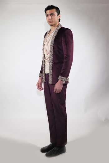 Buy Jubinav Chadha Wine Velvet, Satin Plum Embroidered Open Jacket Set Online at Aza Fashions Buy_Jubinav Chadha_Wine Velvet, Satin Plum Embroidered Open Jacket Set _Online_at_Aza_Fashions