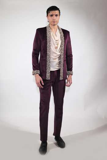 Jubinav Chadha Plum Embroidered Open Jacket Set 