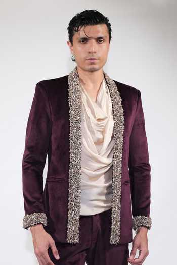 Shop Jubinav Chadha Wine Velvet, Satin Plum Embroidered Open Jacket Set Online at Aza Fashions Shop_Jubinav Chadha_Wine Velvet, Satin Plum Embroidered Open Jacket Set _Online_at_Aza_Fashions