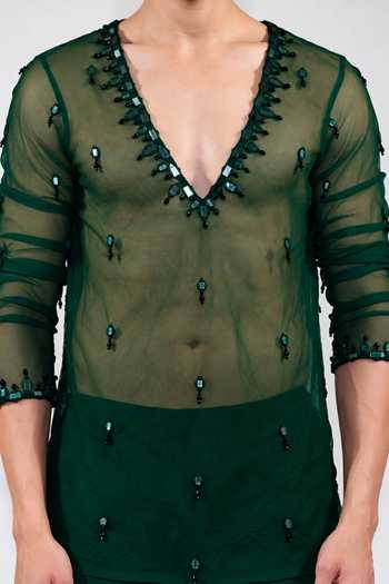 Jubinav Chadha Emerald Green Net Mirror Embroidered Short Kurta Set at Aza Fashions Jubinav Chadha_Emerald Green Net Mirror Embroidered Short Kurta Set _at_Aza_Fashions