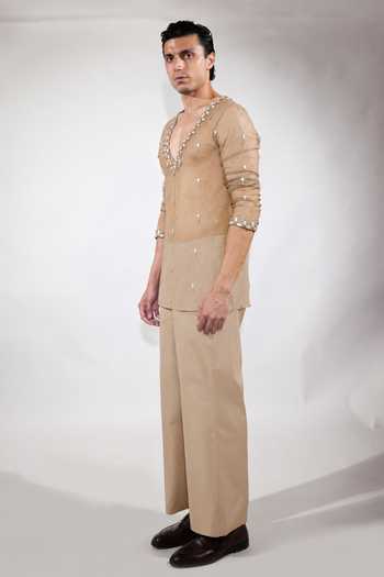 Buy Jubinav Chadha Beige Net Mirror Work Short Kurta Set Online at Aza Fashions Buy_Jubinav Chadha_Beige Net Mirror Work Short Kurta Set _Online_at_Aza_Fashions