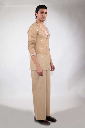 Shop Jubinav Chadha Beige Net Mirror Work Short Kurta Set Online at Aza Fashions Shop_Jubinav Chadha_Beige Net Mirror Work Short Kurta Set _Online_at_Aza_Fashions