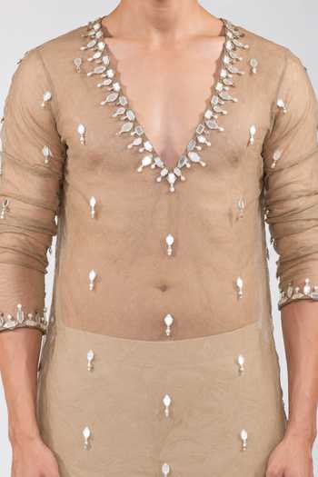Jubinav Chadha Beige Net Mirror Work Short Kurta Set at Aza Fashions Jubinav Chadha_Beige Net Mirror Work Short Kurta Set _at_Aza_Fashions