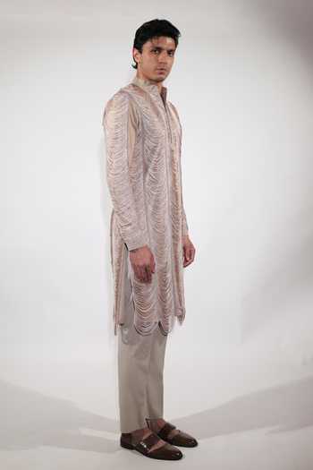 Jubinav Chadha Beige Suede, Cotton, Lycra Fringed Kurta Set Online at Aza Fashions Jubinav Chadha_Beige Suede, Cotton, Lycra Fringed Kurta Set _Online_at_Aza_Fashions