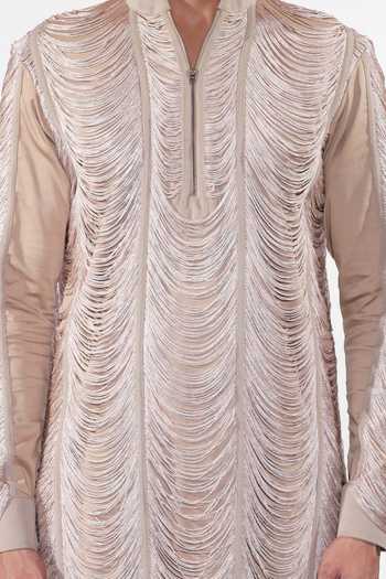 Buy Jubinav Chadha Beige Suede, Cotton, Lycra Fringed Kurta Set Buy_Jubinav Chadha_Beige Suede, Cotton, Lycra Fringed Kurta Set
