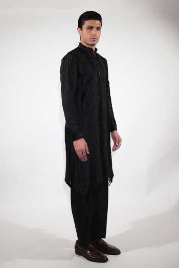 Jubinav Chadha Black Cotton, Velvet, Lycra Fringed Kurta Set Online at Aza Fashions Jubinav Chadha_Black Cotton, Velvet, Lycra Fringed Kurta Set _Online_at_Aza_Fashions
