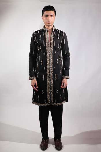 Jubinav Chadha Black Cotton, Lycra Shell Work Fringed Embroidered Kurta Set at Aza Fashions Jubinav Chadha_Black Cotton, Lycra Shell Work Fringed Embroidered Kurta Set _at_Aza_Fashions