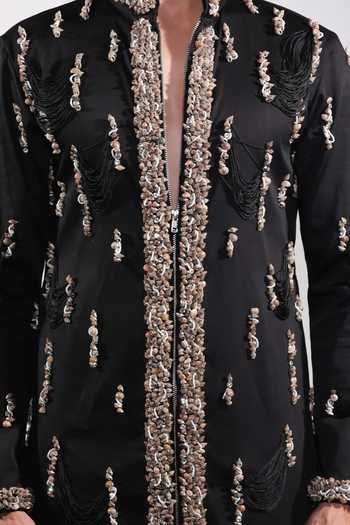 Shop Jubinav Chadha Black Cotton, Lycra Shell Work Fringed Embroidered Kurta Set Shop_Jubinav Chadha_Black Cotton, Lycra Shell Work Fringed Embroidered Kurta Set
