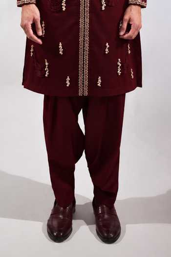 Jubinav Chadha_Burgundy Cotton, Lycra Shell Work Fringed Kurta Set _Online_at_Aza_Fashions