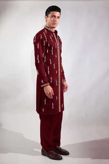 Buy_Jubinav Chadha_Burgundy Cotton, Lycra Shell Work Fringed Kurta Set _Online_at_Aza_Fashions