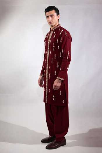 Shop_Jubinav Chadha_Burgundy Cotton, Lycra Shell Work Fringed Kurta Set _Online_at_Aza_Fashions