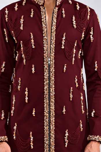 Jubinav Chadha_Burgundy Cotton, Lycra Shell Work Fringed Kurta Set _at_Aza_Fashions