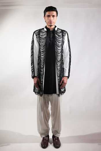 Jubinav Chadha Black Cotton, Georgette, Lycra Fringed Open Jacket And Kurta Set at Aza Fashions Jubinav Chadha_Black Cotton, Georgette, Lycra Fringed Open Jacket And Kurta Set _at_Aza_Fashions