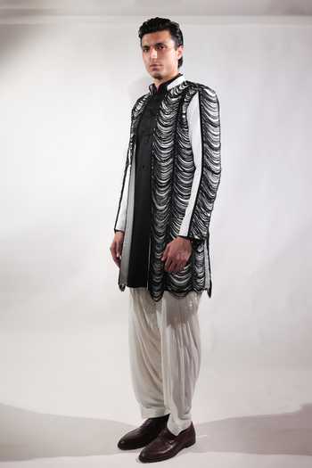 Buy Jubinav Chadha Black Cotton, Georgette, Lycra Fringed Open Jacket And Kurta Set Buy_Jubinav Chadha_Black Cotton, Georgette, Lycra Fringed Open Jacket And Kurta Set