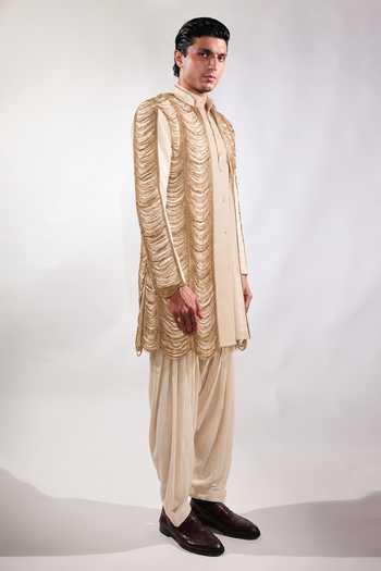Buy Jubinav Chadha Beige Cotton, Georgette, Lycra Fringed Open Jacket And Kurta Set Online at Aza Fashions Buy_Jubinav Chadha_Beige Cotton, Georgette, Lycra Fringed Open Jacket And Kurta Set _Online_at_Aza_Fashions