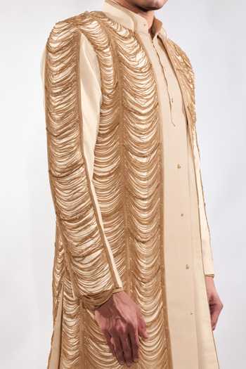 Shop Jubinav Chadha Beige Cotton, Georgette, Lycra Fringed Open Jacket And Kurta Set Online at Aza Fashions Shop_Jubinav Chadha_Beige Cotton, Georgette, Lycra Fringed Open Jacket And Kurta Set _Online_at_Aza_Fashions