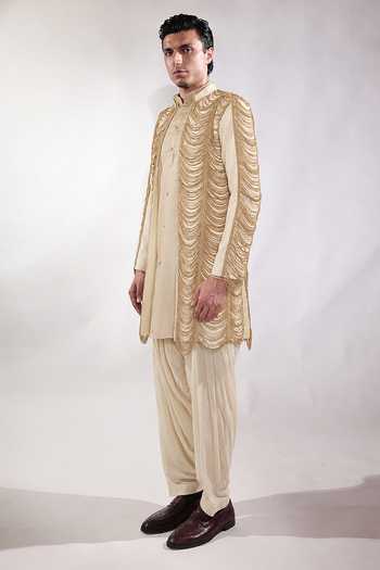 Jubinav Chadha Beige Cotton, Georgette, Lycra Fringed Open Jacket And Kurta Set at Aza Fashions Jubinav Chadha_Beige Cotton, Georgette, Lycra Fringed Open Jacket And Kurta Set _at_Aza_Fashions