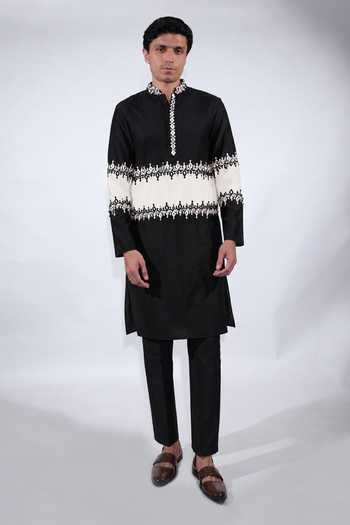 Jubinav Chadha_Black Silk, Chanderi Mirror Work Kurta Set _Online_at_Aza_Fashions