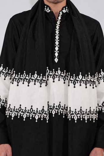Shop_Jubinav Chadha_Black Silk, Chanderi Mirror Work Kurta Set _Online_at_Aza_Fashions