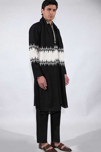 Jubinav Chadha_Black Silk, Chanderi Mirror Work Kurta Set _at_Aza_Fashions