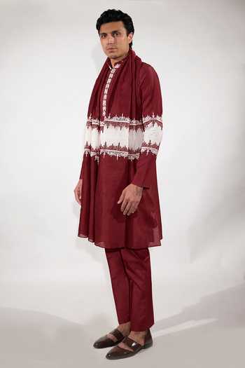 Buy Jubinav Chadha Burgundy Silk Chanderi Color Block Embroidered Kurta Set Online at Aza Fashions Buy_Jubinav Chadha_Burgundy Silk Chanderi Color Block Embroidered Kurta Set _Online_at_Aza_Fashions