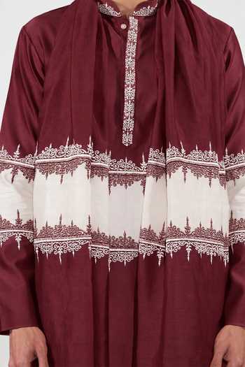 Shop Jubinav Chadha Burgundy Silk Chanderi Color Block Embroidered Kurta Set Online at Aza Fashions Shop_Jubinav Chadha_Burgundy Silk Chanderi Color Block Embroidered Kurta Set _Online_at_Aza_Fashions