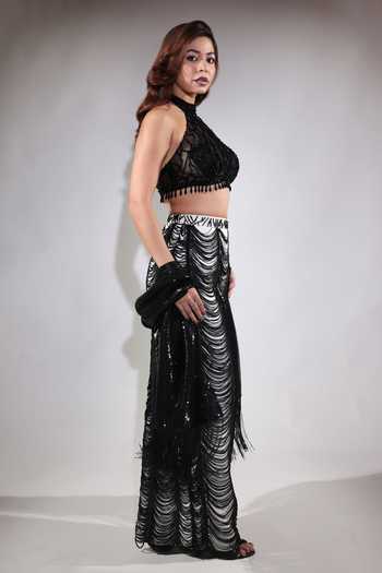 Jubinav Chadha Black Georgette, Net Halter Neck Sequin Work Blouse Fringed Skirt Set Online at Aza Fashions Jubinav Chadha_Black Georgette, Net Halter Neck Sequin Work Blouse Fringed Skirt Set _Online_at_Aza_Fashions