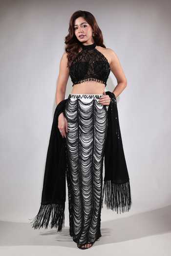Jubinav Chadha Sequin Work Blouse Fringed Skirt Set 